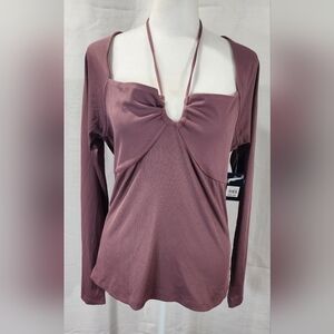 Lucky Mauve Rose Brown Long Sleeve keyhole halter top LG NEW